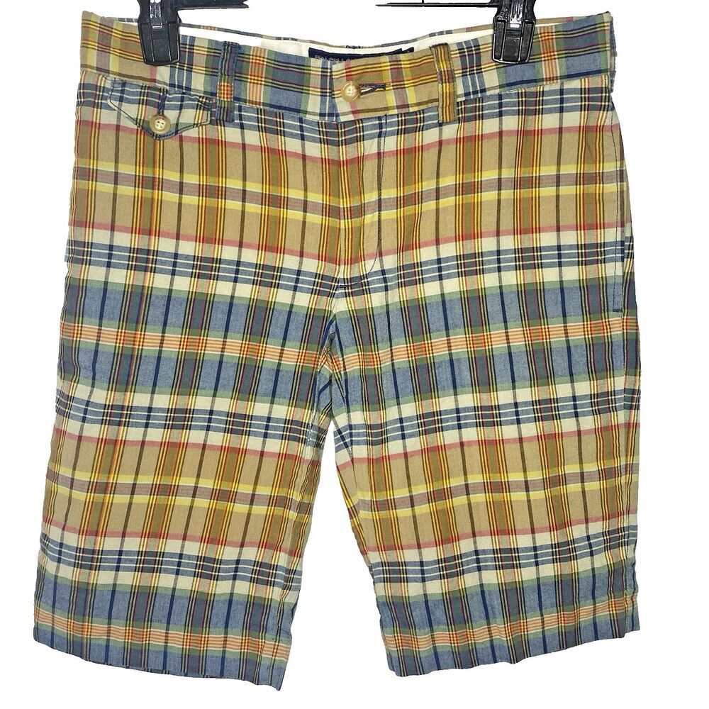 Ralph Lauren Sport Low-Rise Bermuda Shorts Womens 2 Plaid Flat Front Beige Blue